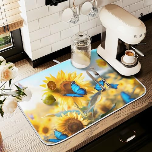 Blooming Sunflowers Blue Butterfly03 Dish Drying Mat for Kitchen Counter Absorbent Microfiber Small Drying Pad Dish Mats for Kitchen Countertops 16 x 18 Inch (18" x 16")