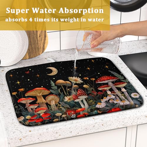 Black Mushroom Dish Drying Mat for Kitchen Counter Leaves Botanical Microfiber Dish Rack Mat Drainer Pad Washable Absorbent Dry Mat 16x18 Inch (Black Mushroom / 16" x 18")