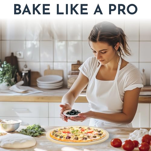15" Round Pizza Stone for Oven Set 3PCs with Pizza Peel for Oven and Cutter