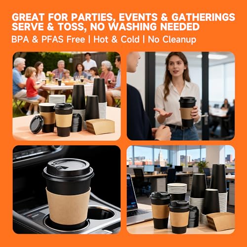 100 Pack 16 oz Disposable Coffee Cups with Lids and Sleeves (Black / 16 oz)