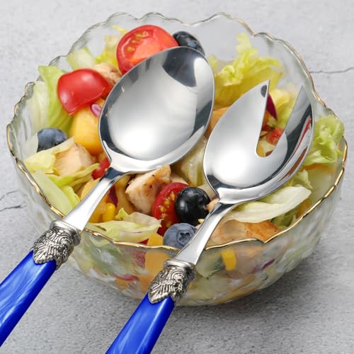 2 piece Salad Servers Stainless Steel Salad Serving Set Salad Fork and Spoon (Deep Blue)