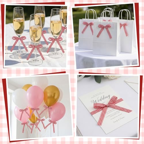30 Pack Gingham Ribbon Bows for Cake Red Gingham Bow Cake Toppers (Red Gingham)