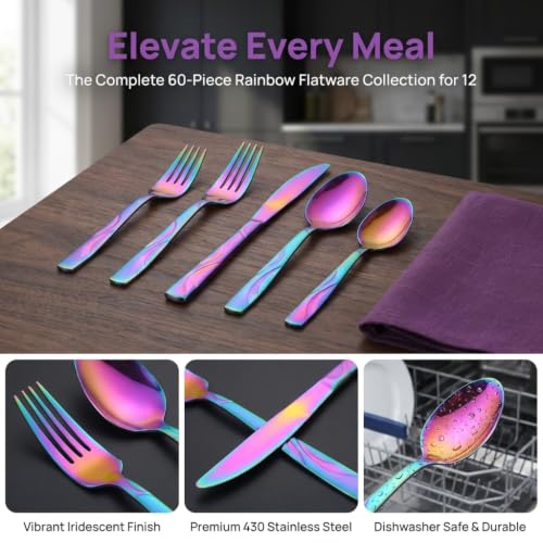 60 Piece Rainbow Silverware Set for 12 (Rainbow / 60-Piece)