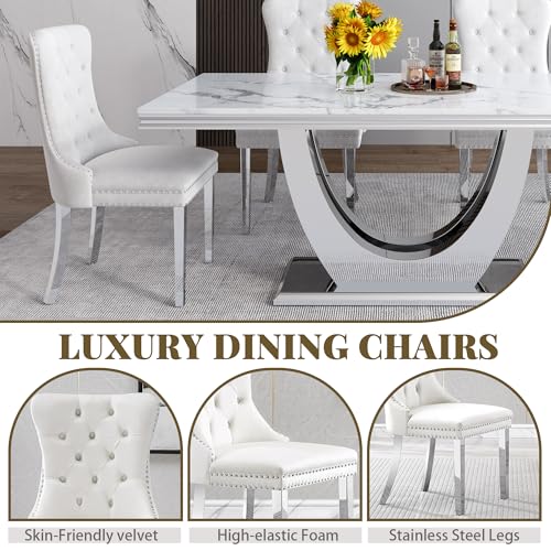Marble Dining Table Set for 6 (Silver-white & Grey Chairs / 7-Piece (Table + 6 Chairs))