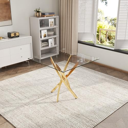 5 Piece Square Glass Dining Table Set (Square Table - 4 Gold White Chairs)