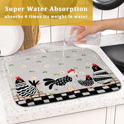 Black Rooster Dish Drying Mat for Countertop 16x18 Inches Buffalo Plaid Microfiber Drainer Rack Pads Fast Dry Dishes Mats Kitchen Accessories (Black Rooster / 16" x 18")