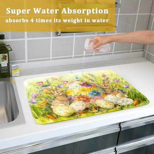 Easter Egg Dish Drying Mat 18x24 Inch Bunny Floral Green Drying Pad for Kitchen Counter Washable (Spring Bunny Green / 24" x 18")