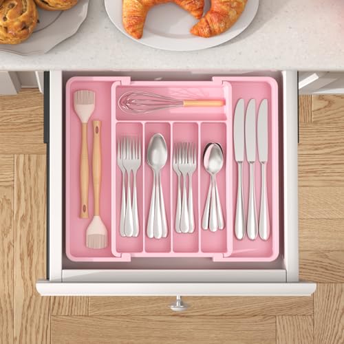 Expandable Silverware Drawer Organizer (Pink / Medium Wide(8.5-14''W x 12''D))