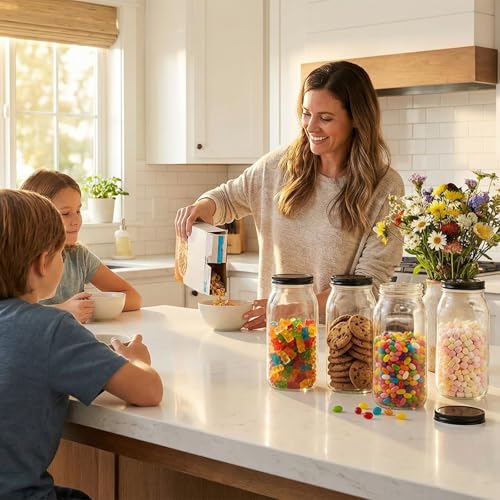 64 oz Large Plastic Mason Jars with Airtight Lids Wide Mouth (2 Pack Black)