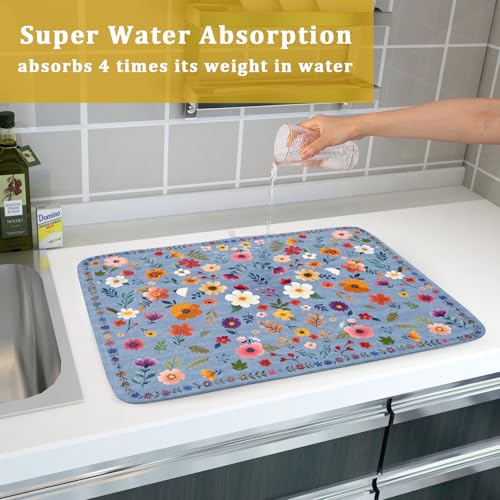 Colorful Flower Dish Drying Mat (Wildflowers Blue / 24" x 18")