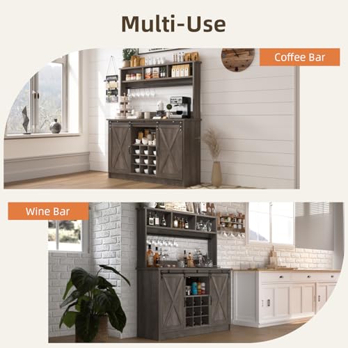 47" Farmhouse Coffee Bar with Storage Hutch & Wine Rack (48Inch / Grey)