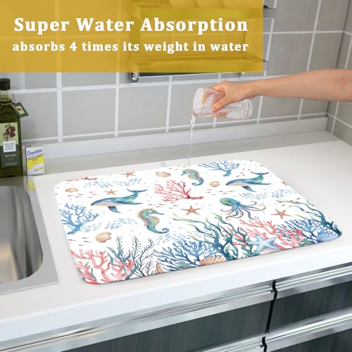 Coastal Ocean Dish Drying Mat Seahorse Whales Drainer Rack Mats 18"x24" Absorbent Microfiber Dish Drying Pad Protector for Kitchen Counter (Coral Ocean / 24" x 24")