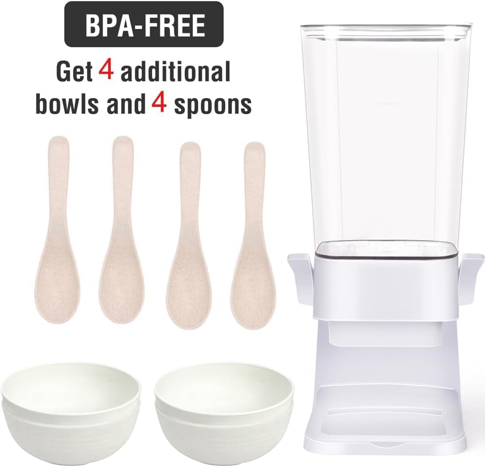 Cereal Dispenser Countertop with 4 Pack Bowls and Spoons 5.5 Qt (5.5Qt & White & 2pack)