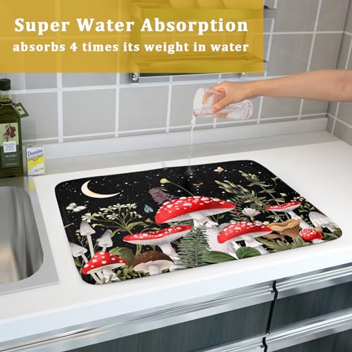 Red Mushroom Dish Drying Mat for Kitchen Counter Plant Leaves Drainer Mats Rack Holder Countertop Absorbent Microfiber Coffee Pads 18x24 Inch (Red Mushroom / 18" x 24")