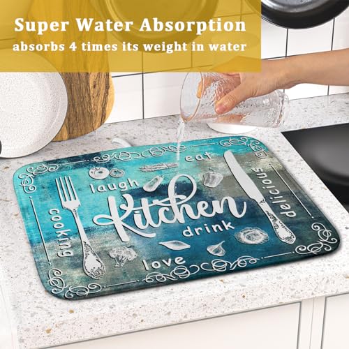 Blue Grey Dish Drying Mat 16x18 Inch Cooking Delicious Absorbent Drying Pad Heat Resistant Dish Drainer Mats for Kitchen Countertop (Blue Kitchen Cooking / 16" x 18")