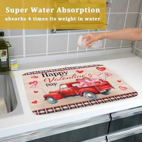 Valentine's Day Truck Dish Drying Mat 18x24 inch Love Heart Washable Absorbent Dishes Pad Dish Drainer Mat for Kitchen Counter Sink Coffee (Love Heart Truck / 18" x 24")