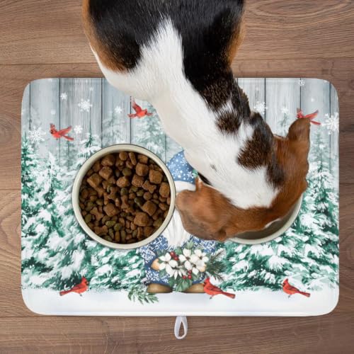 Winter Gnome Dish Drying Mat Pine Tree Dishes Pad 18"x24" Microfiber Absorbent Fast Dry Drainer Rack Mats Protector for Kitchen Countertop (Winter Gnome Bird / 18x24 inch)
