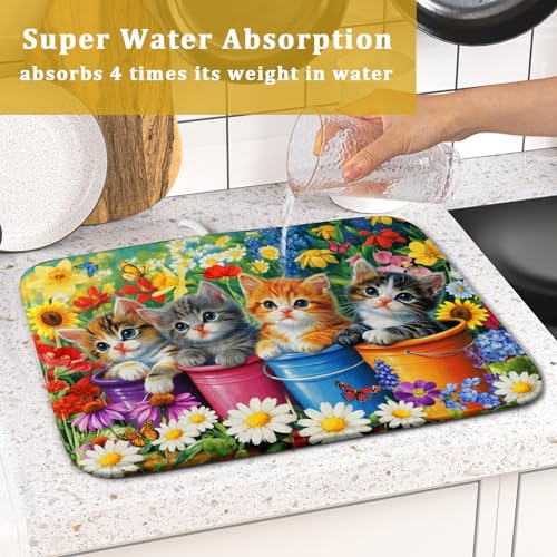 Funny Absorbent Dish Drying Mat Spring Cat Dish Drying Mats for Kitchen Counter Small (colorful Lovely Cat / 18" x 16")