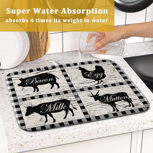 Farmhouse Animal Dish Drying Mat Buffalo Plaid Drainer Rack Mats Fast Dry Absorbent Kitchen Countertop Protector Dishes Pad 16x18 Inch (farmhouse animal / 16" x 18")