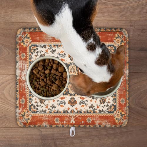 Ethnic Boho Dish Drying Mat Rust Coral Floral Decorative Dishes Pad 16x18 Inch Absorbent Fast Dry Drainer Rack Mats for Kitchen Countertop (Ethnic Boho Orange / 16x18 inch)