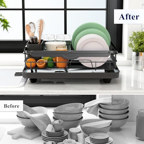 Dish Drying Rack for Kitchen Counter (Black / 12.2''W x 15.7''~23''L - 1 Tier)