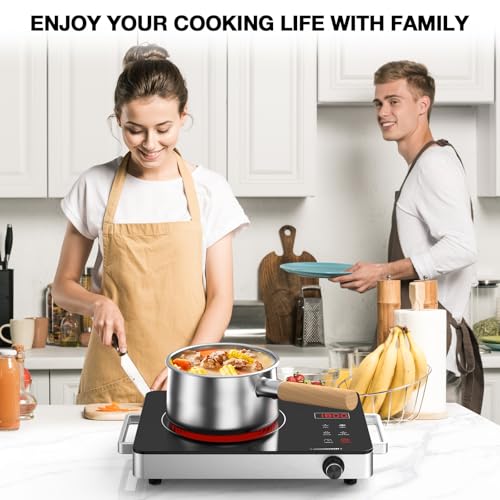 Electric Cooktop Portable Stove Single Burner 1800W Hot Plate Timer (Silver Single Burner)
