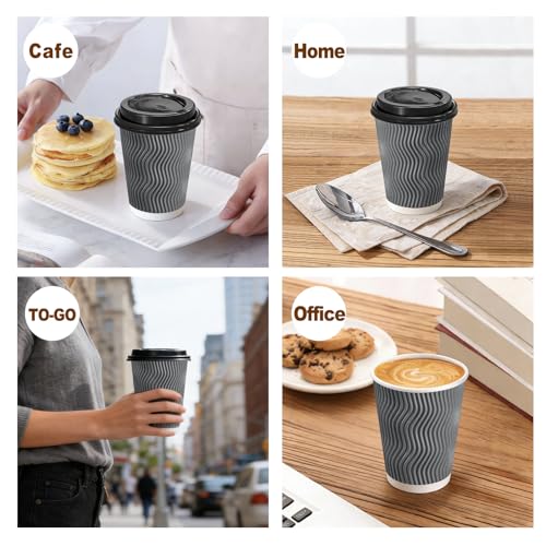 50 Pack 10 oz Insulated Disposable Coffee Cups With Lids (Gray / 10 oz-50Pack)