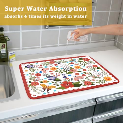 Large Microfiber Dish Drying Mat Red Floral Absorbent Drying Pad for Kitchen Counter (Light Flowers Red / 24" x 18")