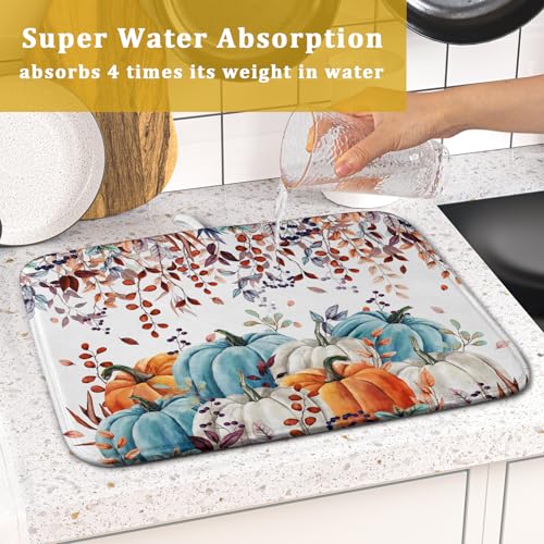 Fall Orange Pumpkin Dish Drying Mat Eucalyptus Leaves Drainer Rack Pad 16"x18" Microfiber Quick Dry Dish Sink Mat for Kitchen Counter Decor (Orange Pumpkin / 16x18 inch)