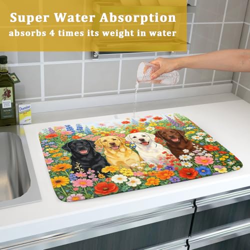 Spring Absorbent Drying Mat Colorful Flowers Dog Dish Drying Mat for Kitchen Counter 18 X 24 In (Flower Dog Colorful / 24" x 18")