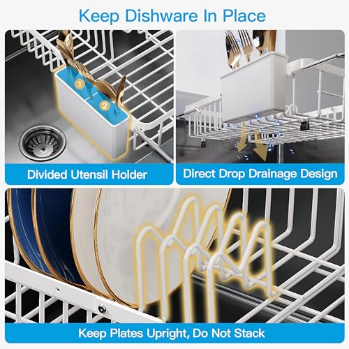 White Dish Drying Rack Over the Sink with Utensil Holder (White / For 12.5"-30"w Sink, Expandable)