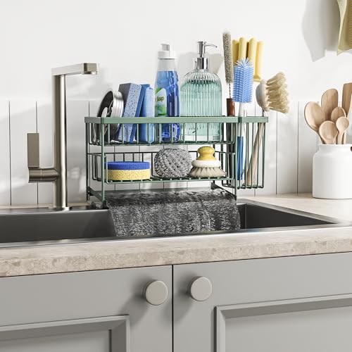 Sage Green 2 Tier Kitchen Sink Caddy Organzier Rack with Flexible Dish Brush Holder (Sage Green / Medium)