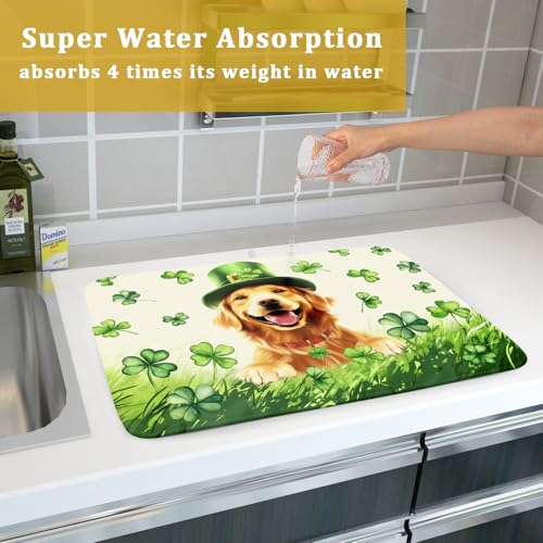 St Patrick's Day Dog Dish Drying Mat 18x24 inch Green Shamrock Dishes Pad Absorbent Microfiber Dish Drainer Mat for Kitchen Counter Coffee (Shamrock Dog / 18 x 24 inch)