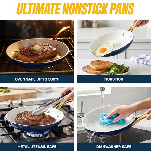 15 Pc Ceramic Pots and Pans Set Non Stick (Navy Cream / 15 Piece Set)