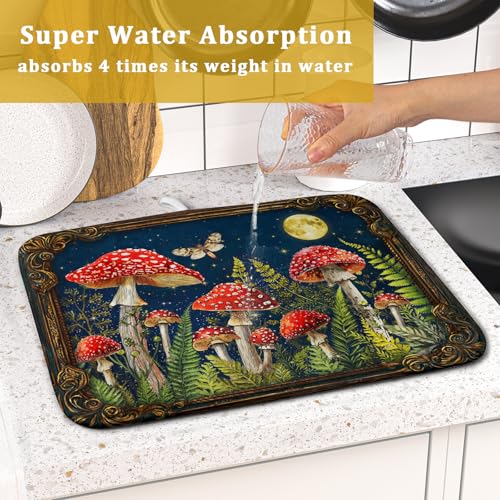 Mushroom Microfiber Dish Drying Pad Absorbent Dish Drainer Kitchen Counter Small 16 X 18 In (Funny Mushroom 829 / 18" x 16")