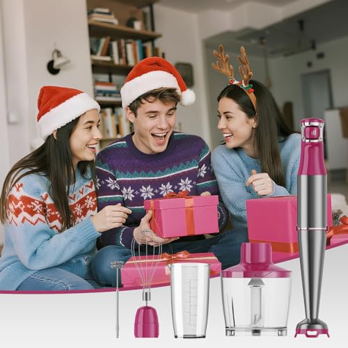 Immersion Blender Handheld Corded Hand Blenders Set 1100W (Rose Red / 5 in 1)