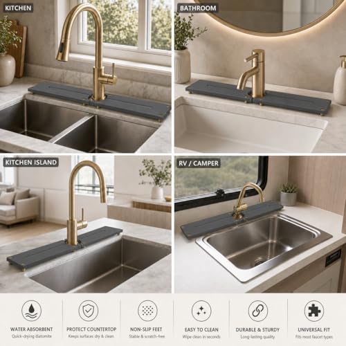 2PCS Stone Faucet Mat for Kitchen Sink (24"x 4" - Dark Gray - Gold)