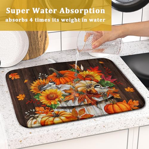 Fall Pumpkin Dish Drying Mat for Kitchen Counter Decor 16x18 Inch Halloween Thanksgiving Dish Drainer Mats Absorbent Reversible Dishes Pad (Pumpkin Bucket / 16" x 18")