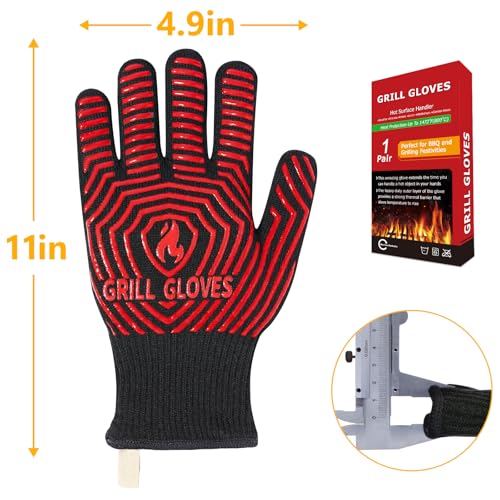 BBQ Gloves BBQ Accessories 1472℉ Extreme Heat Resistant (Black Red / One Size Fits Most(Regular Cuff))