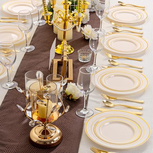 200PCS Gold and Ivory Plastic Plates (Ivory Gold / 200 Pcs)