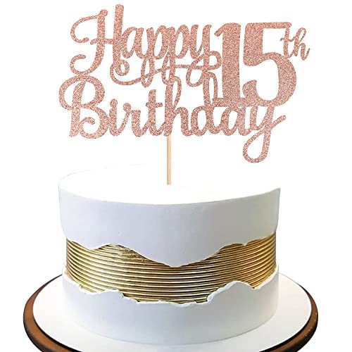 1 PCS Happy 15th Birthday Cake Topper Glitter Cheers to 15 Years Birthday Cake Pick Mis Quince 15 Fabulous Cake Decoration for Happy 15th Birthday Theme Party Decorations Supplies Rose Gold (Rose Gold / 15th)