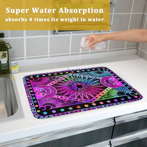 Purple Absorbent Dish Drying Mat Sun and Moon Microfiber Drying Pad for Kitchen Counter Decor Large (Hippie Bohemian 829 / 24" x 18")