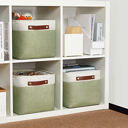 Fabric Storage Bins for Laundry (White&Green / L-15"x11"x9.5")