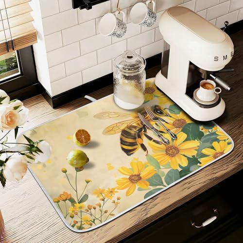 Honey Bee Dish Drying Mat for Kitchen Counter Absorbent Microfiber Small Drying Pad Dish Yellow Flowers Leaves Mats for Kitchen Countertops 16 x 18 Inch (18" x 16")