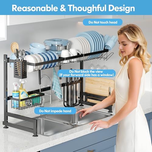 Over The Sink Dish Drying Rack with Utensil and Cup Holder (Black / 2 Tier, Over Sink)