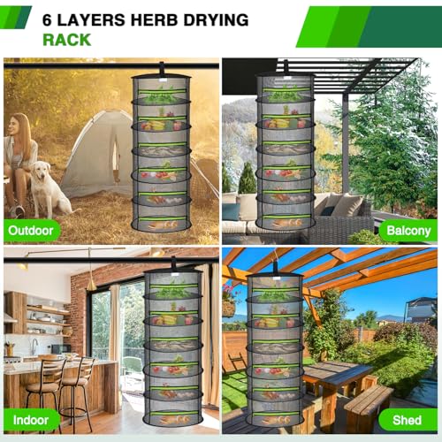 6 Layer Herb Drying Rack Hanging Mesh Net Foldable Plant Drying Racks 24" w Green Zipper Pruning Shears Hook Dryer Hanging Rack for Herbs Seed Bud Fruit Clothes Grow Tent Closets Garden Outdoor