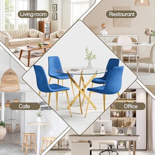 36" Round Glass Dining Table Set for 4 (Gold Round Table/Blue Velvet Chairs / 5 Pieces)