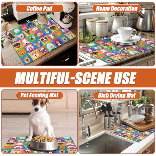 Cute Dogs Dish Drying Mat for Kitchen Counter Microfiber Absorbent Dish Kitchen Drying Mat Draining Reusable Washable for Dishes