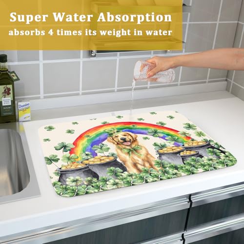 Funny Dog Dish Drying Mats for Kitchen Countertop Large Microfiber Absorbent Coffee Bar Mat (Green Lucky Gog / 24" x 18")