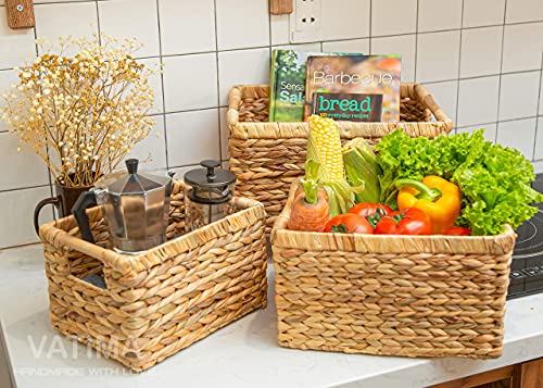 Large Rectangular Wicker Basket with Wooden Handles for Shelves and Storage (Water Hyacinth / Large (14.5"L x 10.3"W x 7.5"H))